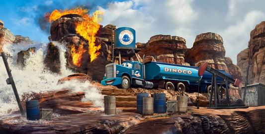Illustration officielle de Cars Road Trip : un camion-citerne Dinoco au visage souriant dans un canyon rouge, entre flammes et cascade